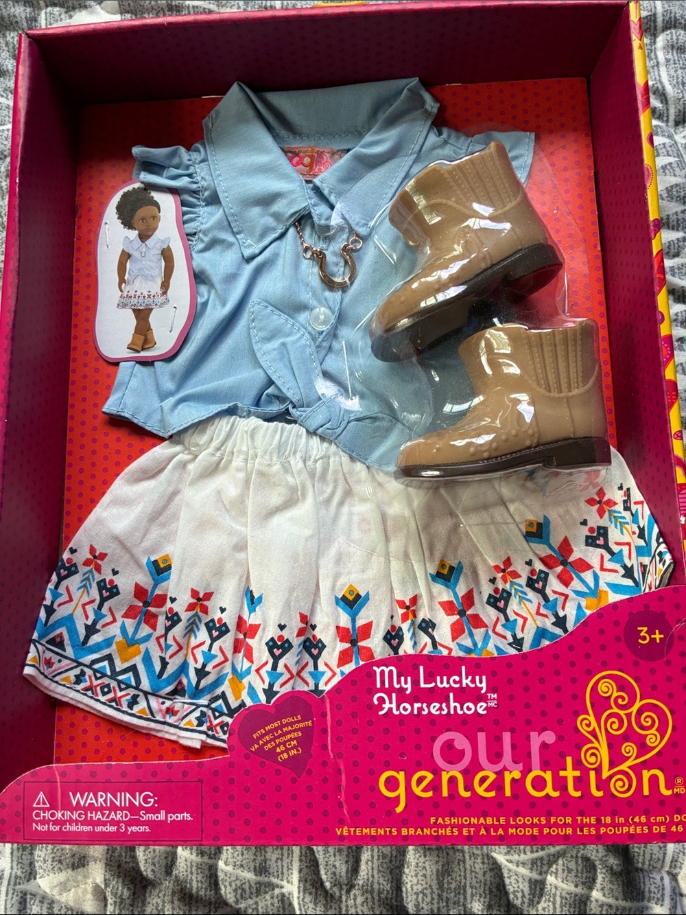 "My Lucky Horseshoe" Outfit - Blue Top & White Patterned Skirt with Tan Boots